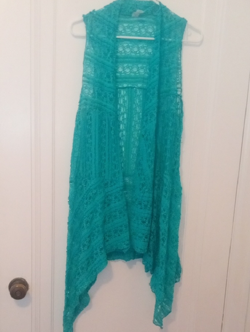 women large sleeveless lace open front overlay top turquoise blue
